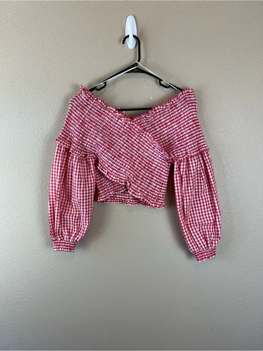 Zara red and white smocked gingham crop top